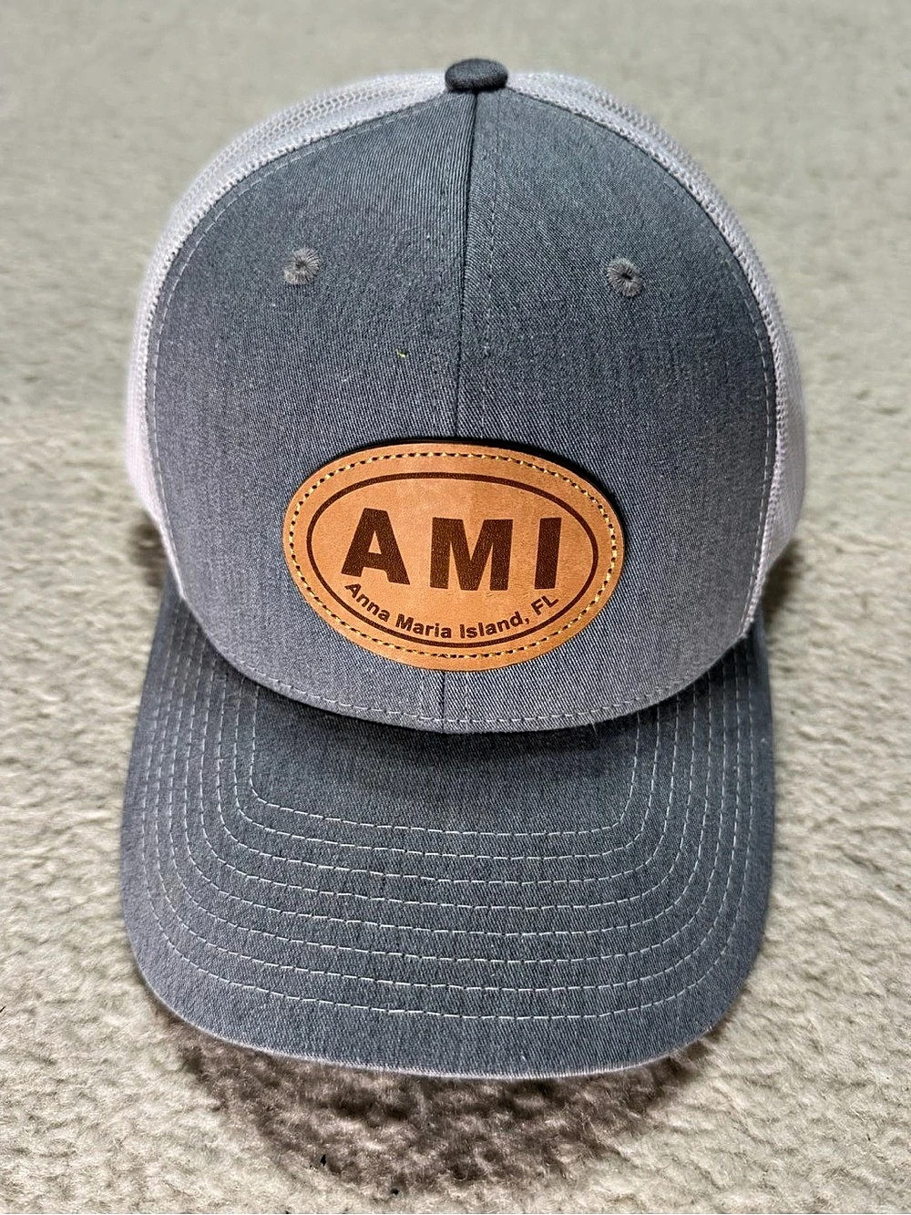 Richardson AMI Anna Maria Island FL Gray White Trucker Hat Leather Patch